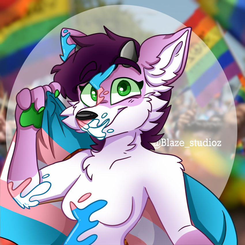 absurd_res anthro blaze_studioz colored_nails female green_eyes green_nails hamgie hi_res horn lgbt_pride mammal nails paint pride_color_flag pride_colors procyonid raccoon rainbow_flag rainbow_pride_flag rainbow_symbol smile solo trans_(lore) trans_woman_(lore) transgender_pride_colors watermark