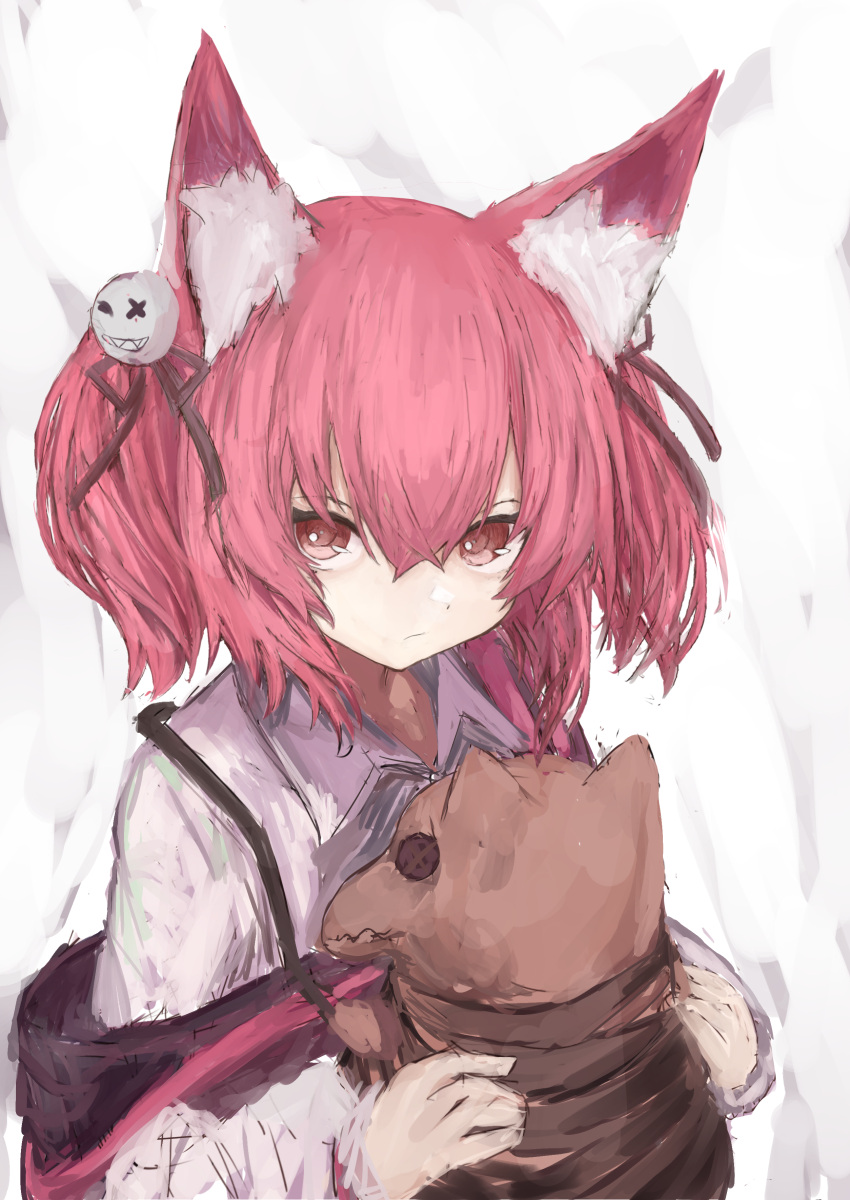 1girl absurdres animal_ear_fluff animal_ears arknights bangs black_ribbon brown_eyes closed_mouth collared_shirt hair_between_eyes hair_ribbon highres holding looking_at_viewer piennamekuzi red_hair ribbon shamare_(arknights) shirt sketch solo stuffed_animal stuffed_dog stuffed_toy twintails upper_body white_shirt