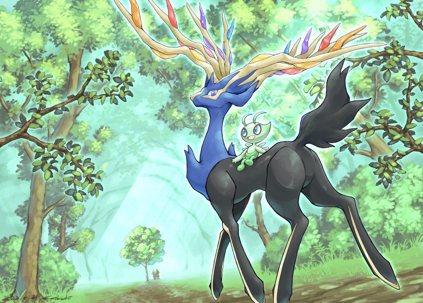 :d absurdres blue_eyes bush celebi commentary_request day forest grass happy highres katkichi looking_up nature no_humans open_mouth outdoors pokemon pokemon_(creature) riding riding_pokemon smile tongue tree xerneas