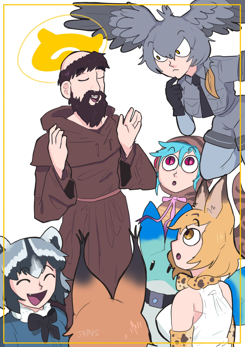 1boy 5girls absurdres animal_ears aqua_hair bangs belt bird bird_tail bird_wings black_gloves black_hair bodystocking bow bowtie breast_pocket caracal_(kemono_friends) caracal_ears christianity collared_shirt common_raccoon_(kemono_friends) english_commentary extra_ears feathered_wings fingerless_gloves flipped_hair fur_collar gloves gradient_neck_ribbon grey_hair grey_necktie grey_shirt grey_shorts hair_between_eyes halo head_wings highres hood hoodie japari_symbol japvs kemono_friends layered_sleeves long_hair long_sleeves lucky_beast_(kemono_friends) monk multicolored_hair multiple_girls neck_ribbon necktie orange_bow orange_bowtie orange_hair pantyhose pocket print_bow print_bowtie print_gloves raccoon_ears raccoon_girl real_life ribbon saint_francis_of_assisi serval_(kemono_friends) serval_print shirt shoebill shoebill_(kemono_friends) short-sleeved_sweater short_over_long_sleeves short_sleeves shorts sidelocks snake_tail staring striped striped_hoodie striped_tail sweater tail tonsure traditional_bowtie tsuchinoko_(kemono_friends) tsurime two-tone_bowtie white_necktie wings