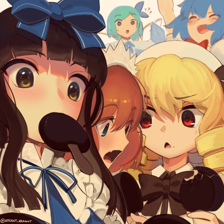 5girls ? ?? bangs blonde_hair blue_bow blue_eyes blue_hair blue_ribbon blue_shirt boa_(brianoa) bow bowtie brown_bow brown_bowtie brown_hair chestnut_mouth cirno daiyousei english_commentary fairy_wings fang food food_in_mouth food_on_face green_hair hair_bow highres holding ice ice_cream_bar ice_wings luna_child medium_hair mouth_hold multiple_girls neck_ribbon open_mouth orange_hair red_bow red_bowtie ribbon shirt simple_background star_sapphire sunny_milk touhou twitter_username upper_body white_headwear white_shirt wings yellow_eyes