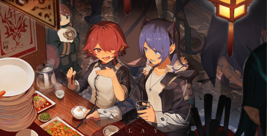 3girls animal_ears arknights artist_name black_footwear black_jacket blue_eyes blue_hair blue_tongue blush boots breasts brown_hair chopsticks clay_(clayjun) clothes_writing collarbone colored_tongue cross cross_necklace cup dark_halo demon_horns detached_wings dusk_(arknights) eating energy_wings exusiai_(arknights) fanning_face food food_stand fur-trimmed_hood fur_trim great_lungmen_logo hair_over_one_eye halo headwear_removed helmet helmet_removed highres holding holding_chopsticks holding_cup holding_helmet hood hood_down hooded_jacket horns jacket jewelry lantern long_sleeves looking_at_another looking_at_viewer mostima_(arknights) multiple_girls necklace nian_(arknights) night no_gloves open_mouth out_of_frame outdoors plate red_eyes red_hair rice shaw_(arknights) shirt short_sleeves sitting small_breasts spicy squirrel_ears squirrel_girl squirrel_tail stool sweat tail tongue tongue_out white_shirt wings