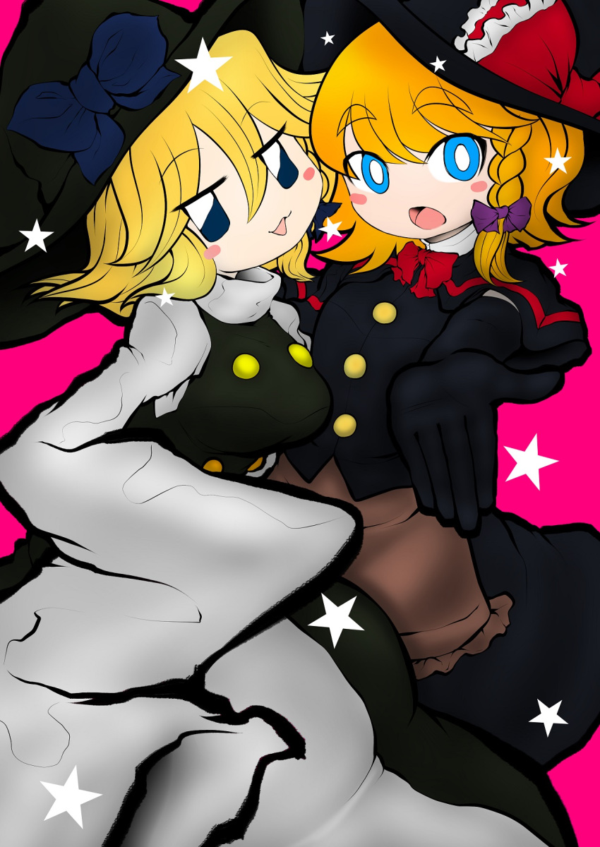 2girls apron bangs black_capelet black_gloves black_headwear black_skirt black_vest blonde_hair blue_eyes blush bow bowtie braid breasts bright_pupils brown_apron capelet cookie_(touhou) cowboy_shot elbow_gloves gloves hair_between_eyes hair_bow hat hat_bow highres kirisame_marisa large_breasts looking_at_viewer meguru_(cookie) miazuma_sarin multiple_girls open_mouth pink_background red_bow red_bowtie short_hair side_braid single_braid skirt sleeves_past_fingers sleeves_past_wrists small_breasts smile star_(symbol) third-party_source touhou turtleneck vest waist_apron white_pupils witch_hat yuuhi_(cookie)