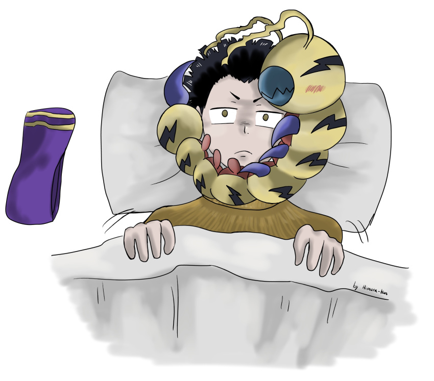 arthropod awake bandai_namco beak bed black_hair blush caterpillar cuddling digimon digimon_(species) digimon_survive duo feral furniture hair hi_res himura-kun human insect larva lying lying_on_bed male mammal on_bed ryou_tominaga segmented_body yellow_body