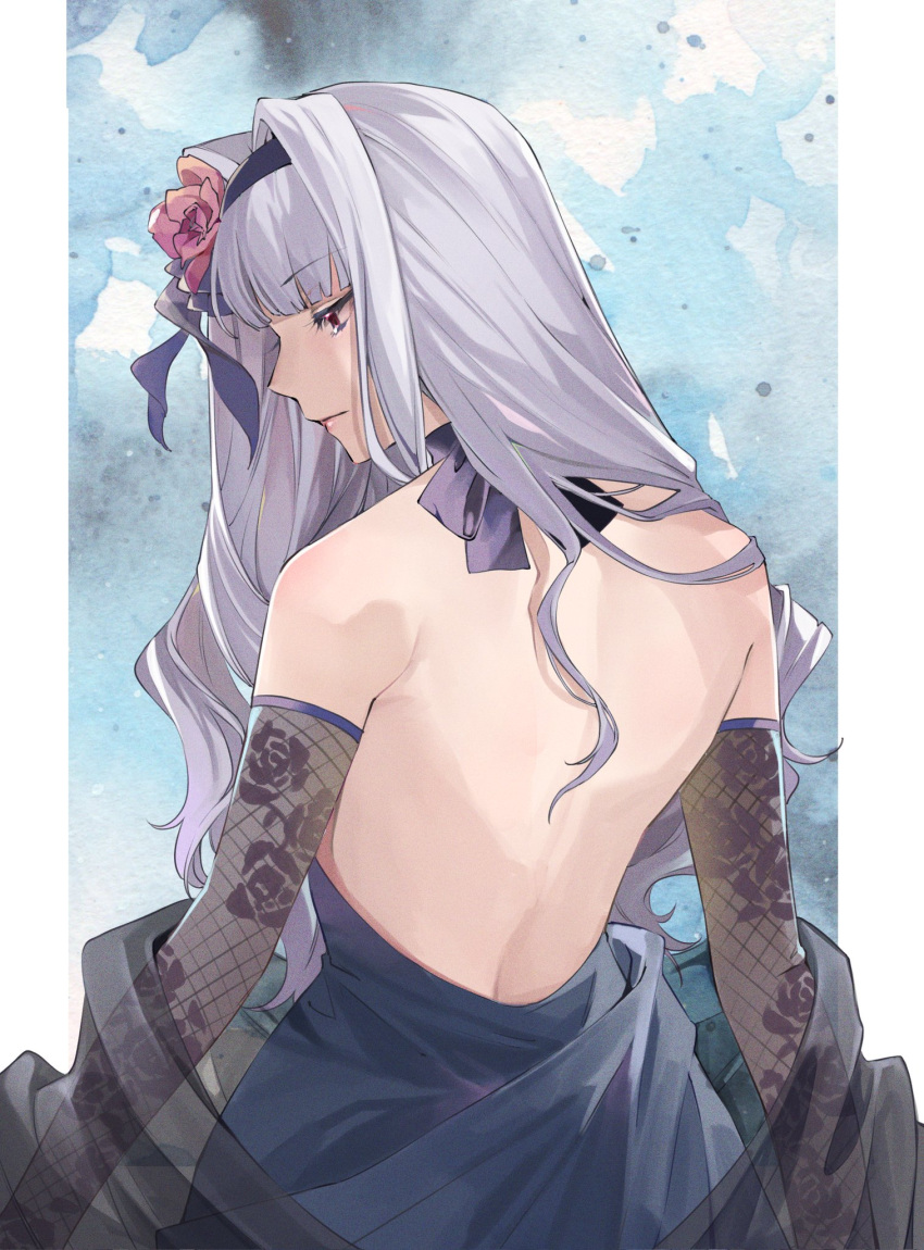 1girl backless_dress backless_outfit black_shawl blue_dress blue_hairband chun_xia dress elbow_gloves fishnet_gloves fishnets floral_print from_behind gloves grey_hair hairband highres idolmaster idolmaster_(classic) idolmaster_million_live! looking_down profile shawl shijou_takane solo upper_body