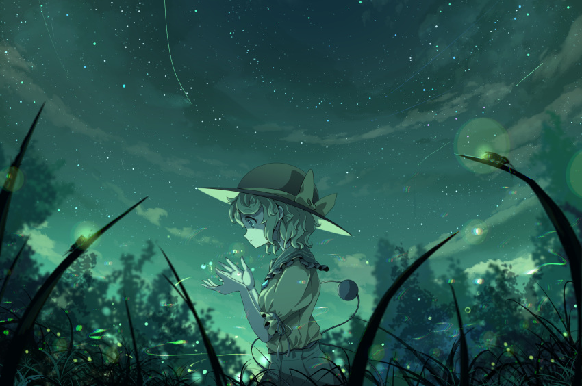1girl black_headwear blush bow bug buttons cloud collared_shirt commentary diamond_button facing_to_the_side fireflies firefly forest frilled_shirt_collar frilled_sleeves frills from_side grass green_eyes green_hair green_skirt hands_up hat hat_bow highres komeiji_koishi looking_down meadow nature night night_sky noumin_joemanyodw open_hands outdoors parted_lips puffy_short_sleeves puffy_sleeves scenery shirt short_hair short_sleeves skirt sky solo star_(sky) starry_sky third_eye touhou tree upper_body yellow_bow yellow_shirt