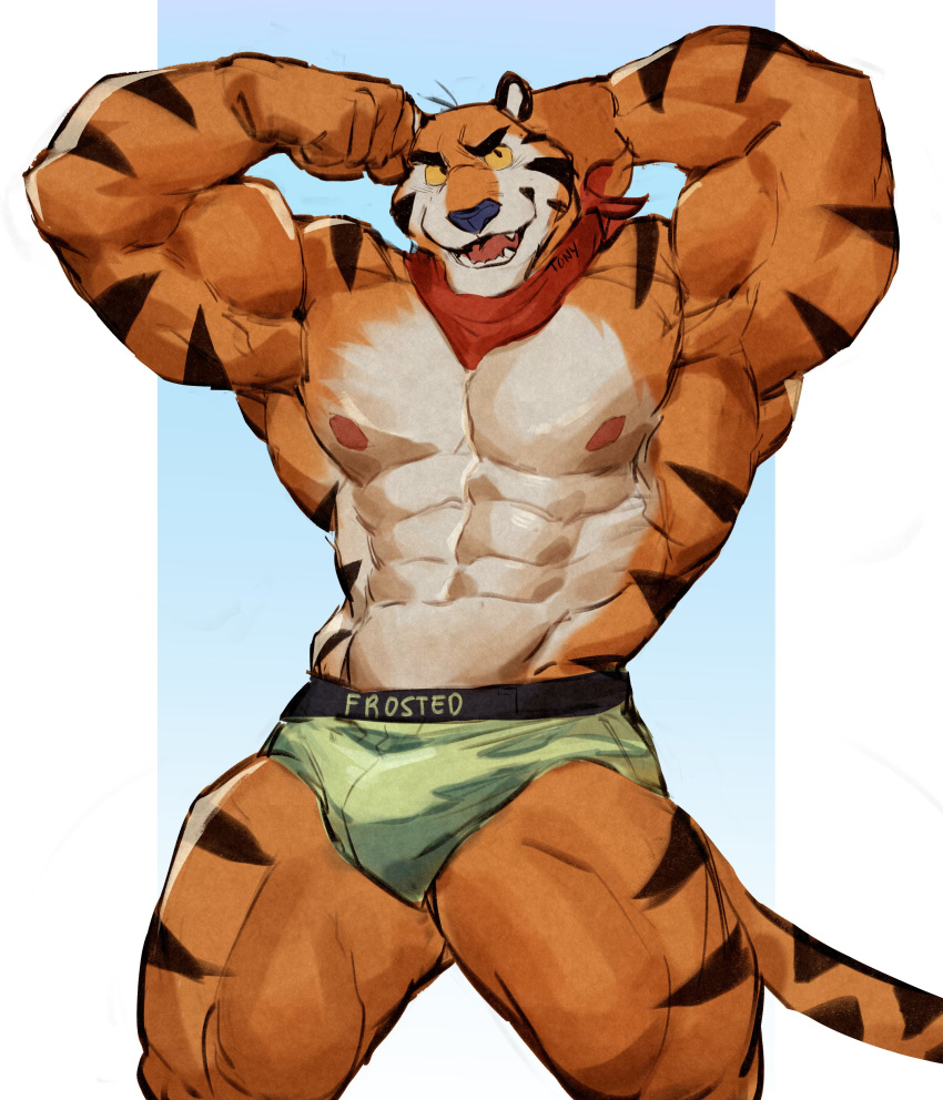2022 abs absurd_res anthro barazoku biceps big_muscles blue_background border bulge clothing english_text eyebrows felid flexing frosted_flakes fur hand_behind_head hi_res huge_muscles kellogg's male mammal mascot muscular muscular_anthro muscular_male neckerchief nipples o_reowoof obliques open_mouth open_smile pantherine pecs simple_background smile solo standing teeth text text_on_clothing text_on_underwear thick_thighs tiger tongue tony_the_tiger tuft underwear vein white_border