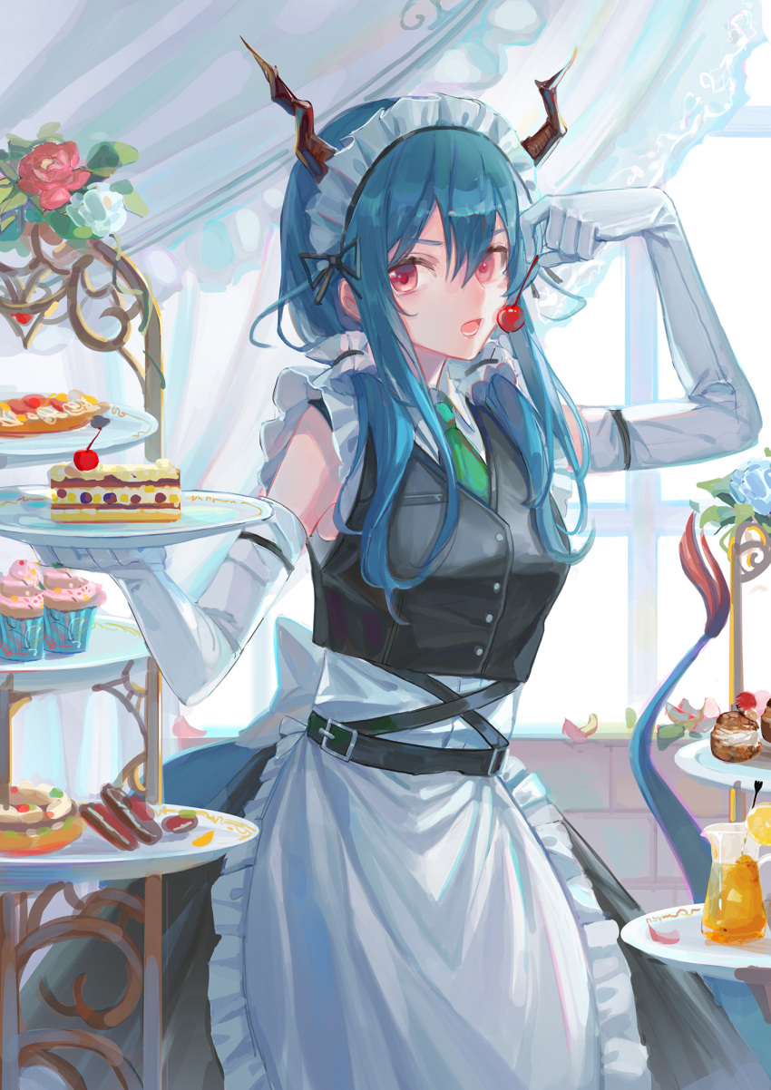 1girl alternate_costume apron arknights black_dress black_ribbon blue_hair breasts cake cake_slice ch'en_(arknights) cherry chinese_commentary commentary_request cookie cowboy_shot cup cupcake dragon_girl dragon_horns dragon_tail dress drink elbow_gloves enmaided food fruit gloves hair_between_eyes hair_ribbon highres holding holding_food holding_fruit holding_plate horns long_hair luren_max maid maid_apron maid_headdress open_mouth plate red_eyes ribbon sidelocks small_breasts solo tail white_apron white_gloves
