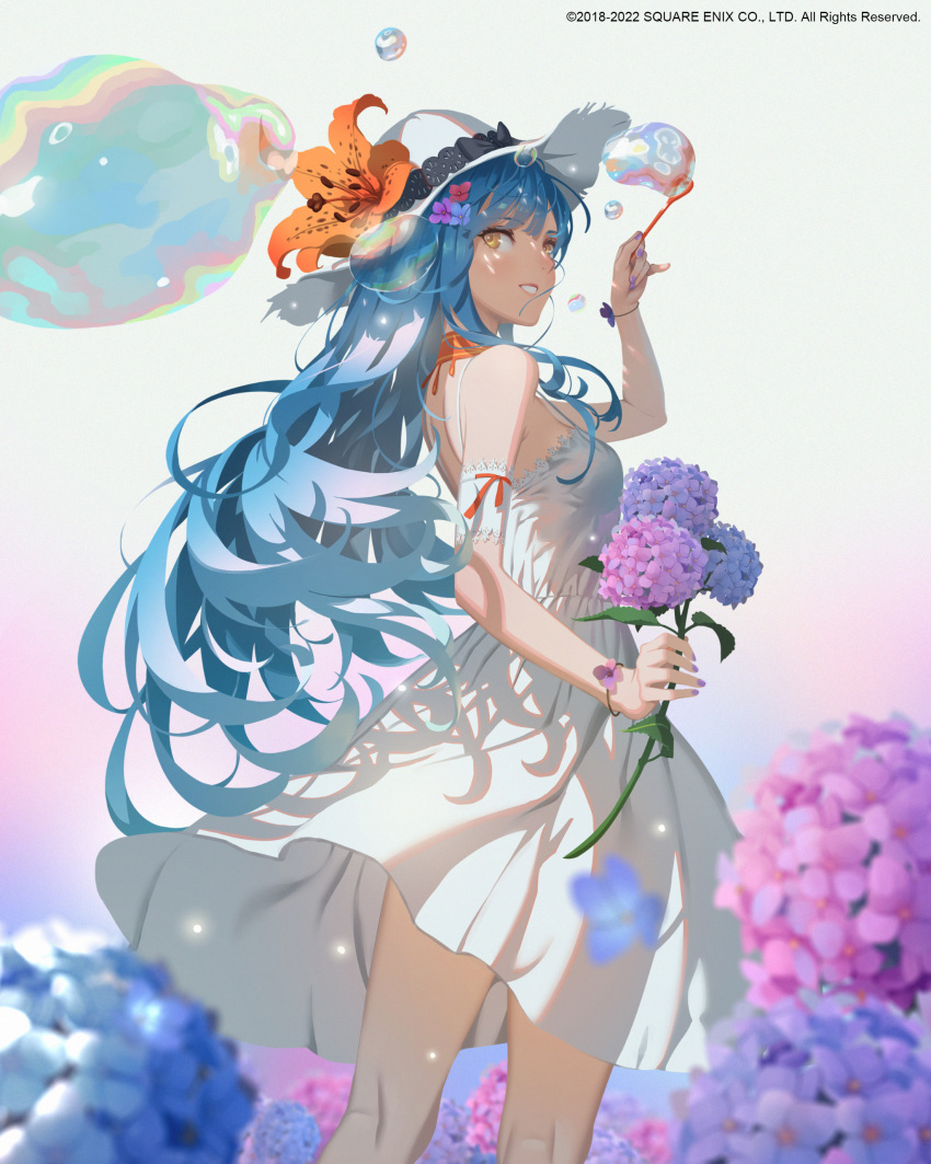 1girl absurdres bare_shoulders blue_hair bubble_blowing dress fingernails flower from_behind hat hat_flower highres holding holding_flower hydrangea kneepits long_hair looking_at_viewer looking_back nail_polish purple_nails rocbouquet_(saga) romancing_saga romancing_saga_re;universe saga smile soap_bubbles solo standing sun_hat sundress very_long_hair vofan white_dress white_headwear wristband yellow_eyes