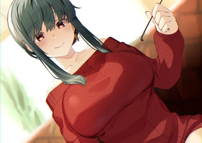 1girl bangs bare_shoulders black_hair breasts closed_mouth commentary commission couch earrings english_commentary gold_earrings hairband holding jewelry large_breasts long_hair looking_at_viewer meth_(emethmeth) mimikaki off-shoulder_sweater off_shoulder red_eyes short_hair_with_long_locks sidelocks sitting smile solo spy_x_family sweater upper_body white_hairband yor_briar