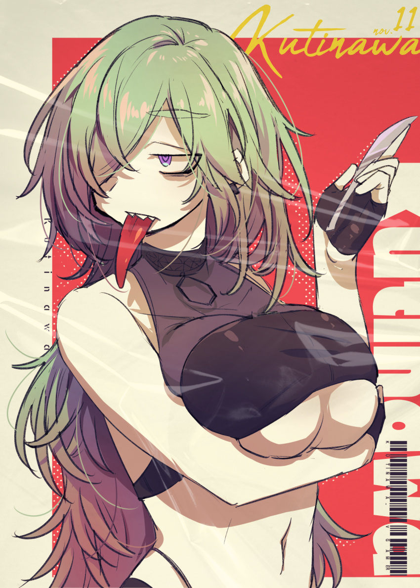 1girl breasts chariki crop_top facing_to_the_side fingerless_gloves g-string gloves green_hair highres indie_virtual_youtuber kutinawa large_breasts long_hair looking_to_the_side purple_eyes sharp_teeth solo teeth thong tongue tongue_out underboob very_long_hair virtual_youtuber