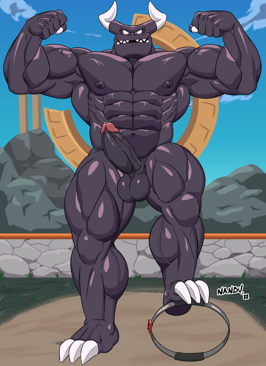 2022 abs absurd_res anthro balls barazoku bent_leg biceps big_muscles claws cloud controller day dirt dragaux dragon erection fence flexing front_view game_controller genitals grass hi_res horn huge_muscles humanoid_genitalia humanoid_penis looking_at_viewer male muscular muscular_anthro muscular_male nanbuskhan navel nintendo nipples non-mammal_balls non-mammal_nipples nude obliques outside pecs penis plant quads ring_fit_adventure rock scalie shrine signature sky smile solo standing teeth vein veiny_muscles video_games wingless_dragon