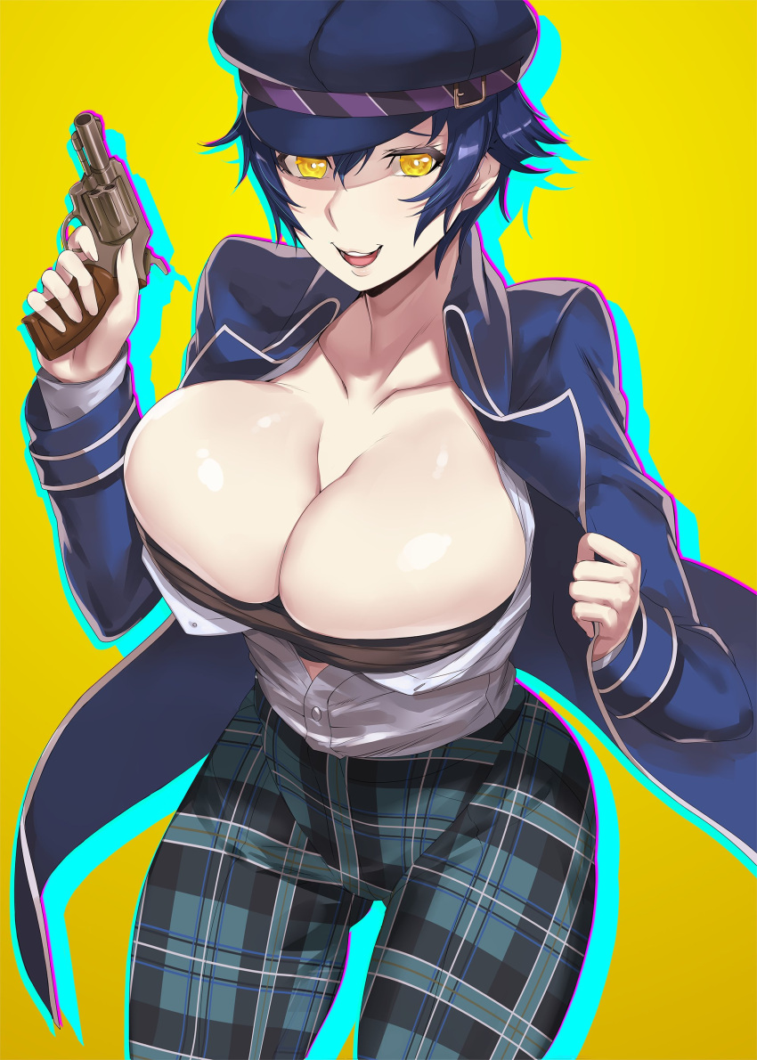 1girl absurdres blue_hair blue_headwear breasts cabbie_hat cleavage gun hair_between_eyes hat highres holding holding_gun holding_weapon huge_breasts ippo jacket looking_at_viewer open_clothes open_jacket open_mouth persona persona_4 shadow_naoto shiny shiny_skin shirogane_naoto shirt short_hair solo weapon white_shirt yellow_eyes