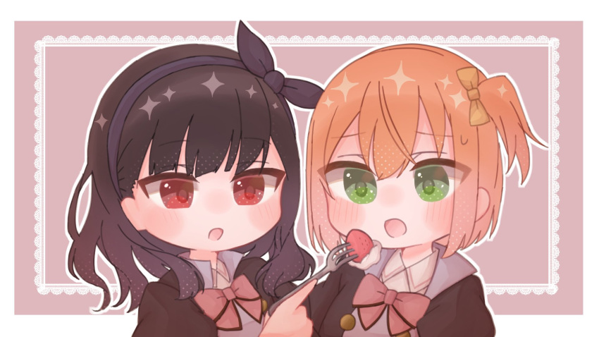 2girls :o amamiya_sophia_seren assault_lily bangs black_bow black_hair black_hairband blush border bow bow_hairband bowtie brown_background brown_jacket buttons chibi collared_shirt commentary_request feeding food fork fruit green_eyes hair_bow hairband hand_up highres holding holding_fork jacket kuroki_francisca_yuria lace_border looking_at_another looking_at_food medium_hair multiple_girls nose_blush one_side_up open_mouth orange_hair outline outside_border red_bow red_bowtie red_eyes school_uniform shirt short_hair side-by-side sparkle strawberry sweatdrop upper_body whipped_cream white_border white_outline white_shirt yellow_bow yubari_lemon_(lemonlilie)