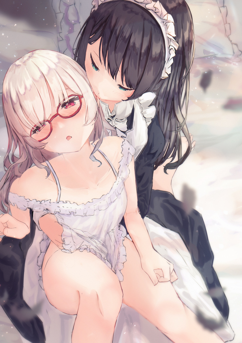 2girls absurdres apron benevole black_hair blurry blurry_background blush clothes_lift dress dress_lift frilled_dress frills glasses green_eyes groping half-closed_eyes highres kissing_ear light_brown_hair lingerie long_hair looking_at_viewer maid maid_apron maid_headdress multiple_girls negligee no_panties off-shoulder_dress off_shoulder open_mouth original red-framed_eyewear red_eyes thighs underwear white_dress yuri