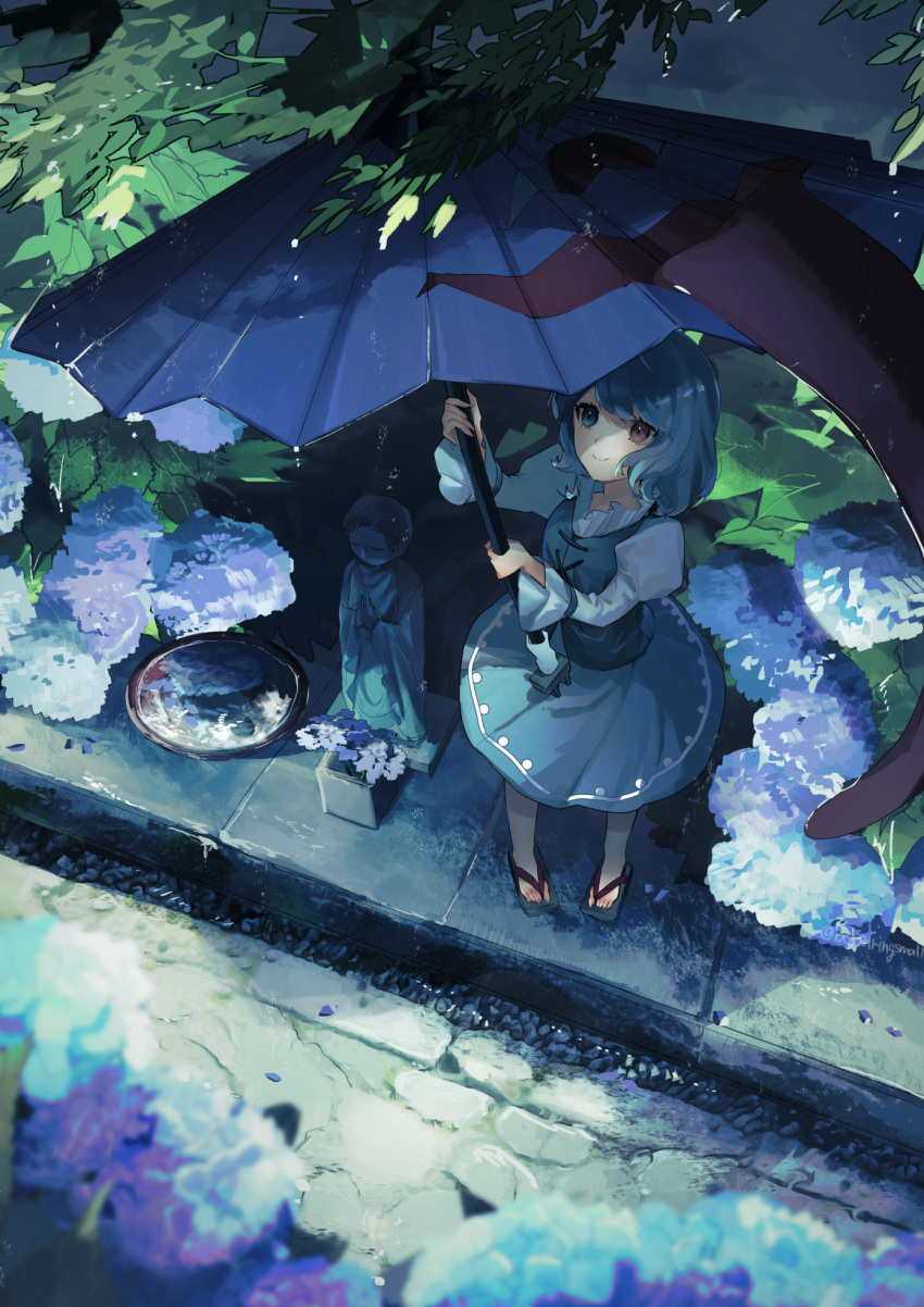 1girl blue_eyes blue_hair blue_skirt blue_vest blurry bowl commentary depth_of_field flower from_above full_body heterochromia highres holding holding_umbrella hydrangea juliet_sleeves karakasa_obake koito_(bowstringsmall) long_sleeves looking_up medium_hair pebble puffy_sleeves rain red_eyes sandals shirt skirt smile solo statue stone_walkway tatara_kogasa tongue touhou twitter_username umbrella under_umbrella vest water_drop white_shirt