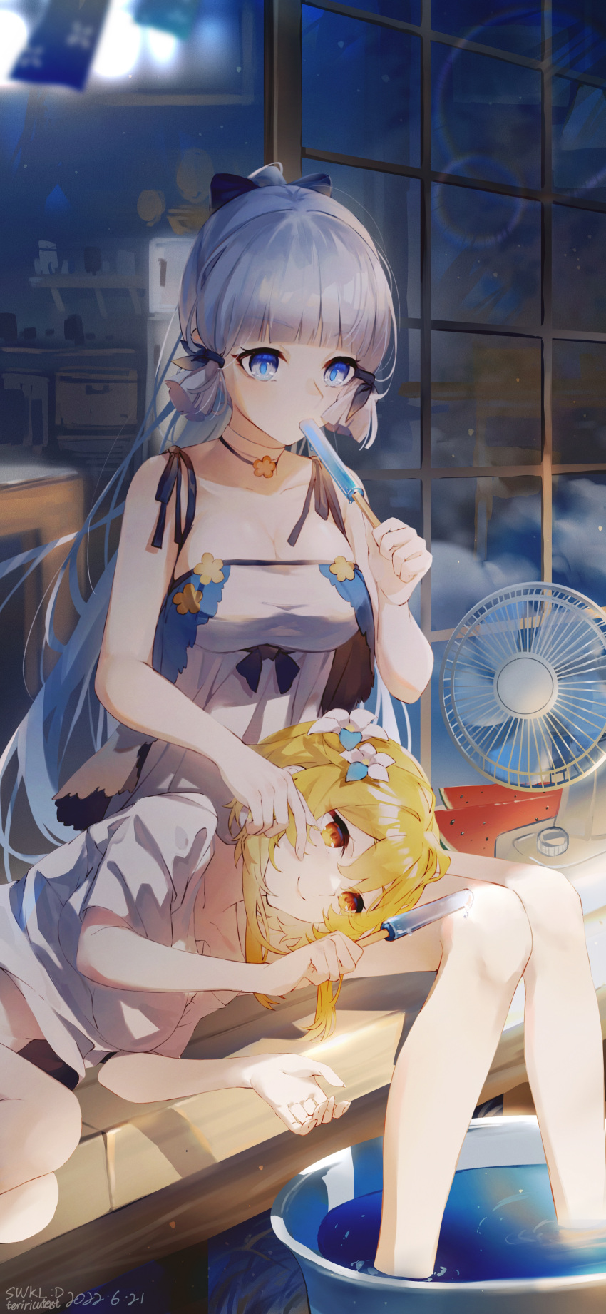 2girls absurdres artist_name bangs bare_arms bare_legs blonde_hair blue_eyes blunt_bangs breasts cleavage dated dress electric_fan finger_to_cheek flower food genshin_impact gradient_hair hair_flower hair_ornament hair_ribbon highres holding holding_food jewelry kamisato_ayaka lap_pillow large_breasts lumine_(genshin_impact) lying multicolored_hair multiple_girls necklace on_side orange_eyes popsicle_in_mouth ribbon shirt sidelocks signature sitting smile soaking_feet spaghetti_strap summer sunlight swkl:d t-shirt tress_ribbon watermelon_slice white_hair white_shirt