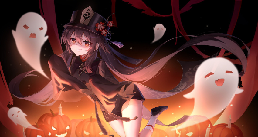 1girl bangs black_background black_footwear brown_coat brown_hair brown_headwear candle chinese_commentary coat coattails commentary_request floating_hair flower flower-shaped_pupils foot_out_of_frame genshin_impact ghost glowing grin hair_between_eyes hair_flaps hat hat_flower hat_tassel highres hu_tao_(genshin_impact) jack-o'-lantern leg_up light_particles long_hair looking_at_viewer plum_blossoms porkpie_hat qingliu_ban_yao red_eyes shoes sidelocks sleeves_past_fingers sleeves_past_wrists smile solo standing standing_on_one_leg symbol-shaped_pupils twintails v-shaped_eyebrows very_long_hair white_legwear