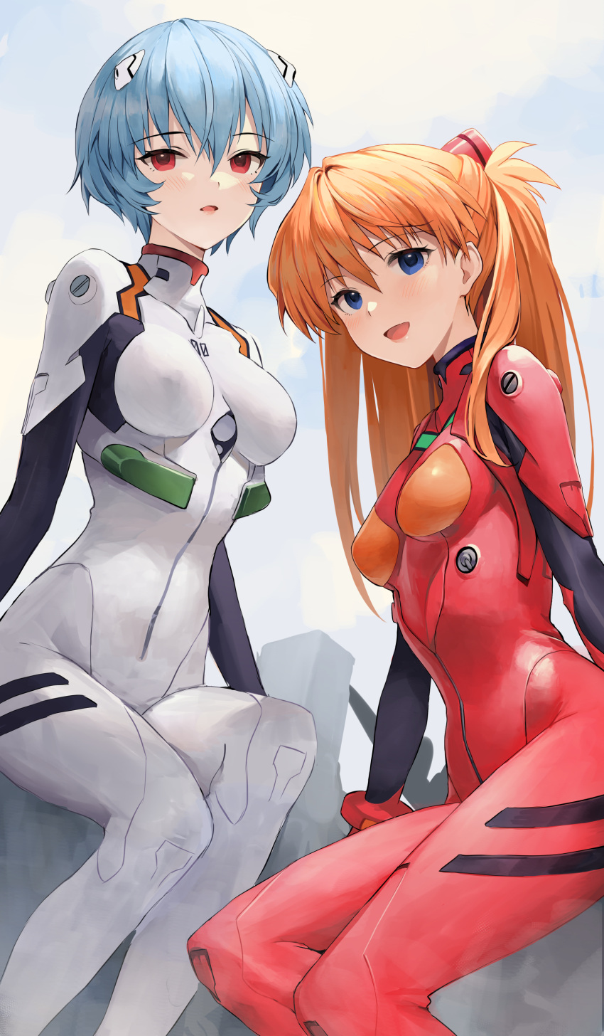 2girls absurdres ayanami_rei blue_eyes blue_hair breasts hair_between_eyes highres kirarin369 long_hair medium_breasts multiple_girls neon_genesis_evangelion open_mouth orange_hair plugsuit red_eyes short_hair sitting smile souryuu_asuka_langley