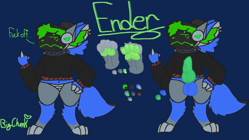 anthro balls big_chonk blue_balls blue_body blue_fur clothed clothing collar digital_media_(artwork) ender_marlight flippers fur genitals glowing glowing_genitalia glowing_penis goth green_penis hair hi_res looking_at_viewer machine male model_sheet paws penis protogen simple_background solo sweater topwear