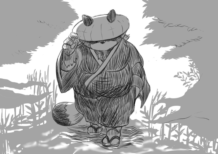 2022 anthro asian_clothing belly big_belly biped canid canine clothing east_asian_clothing footwear hi_res humanoid_hands hysk japanese_clothing kemono mammal outside overweight plant raccoon_dog sandals solo tanuki tree walking