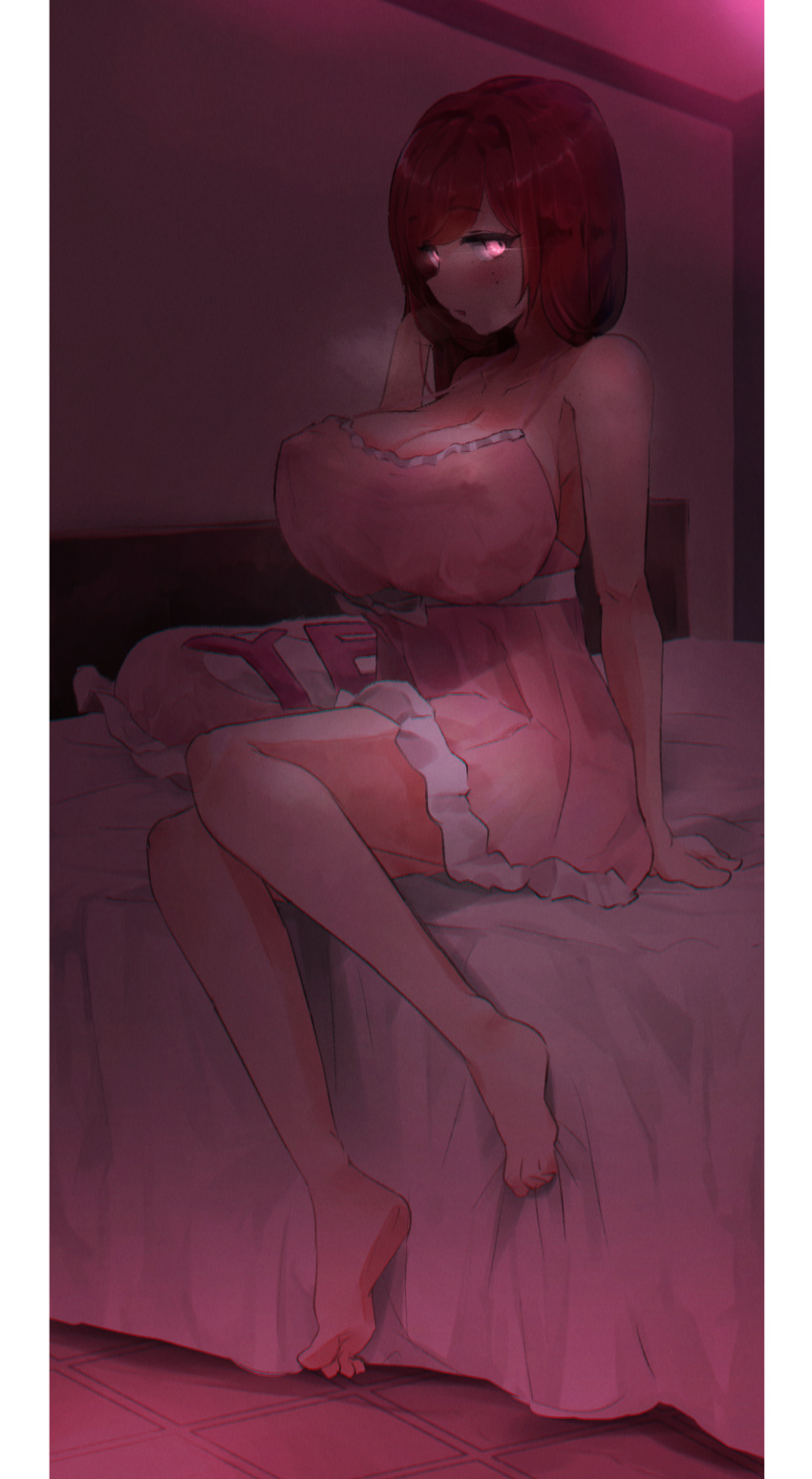 1girl absurdres arm_support bare_legs barefoot bed bed_sheet blush breasts ckwl123 cleavage collarbone covered_nipples full_body glowing glowing_eyes highres hongryeon_(last_origin) huge_breasts indoors last_origin lingerie looking_at_viewer mole mole_under_eye negligee on_bed pink_negligee red_eyes red_hair sitting solo steam sweatdrop underwear yes-no_pillow