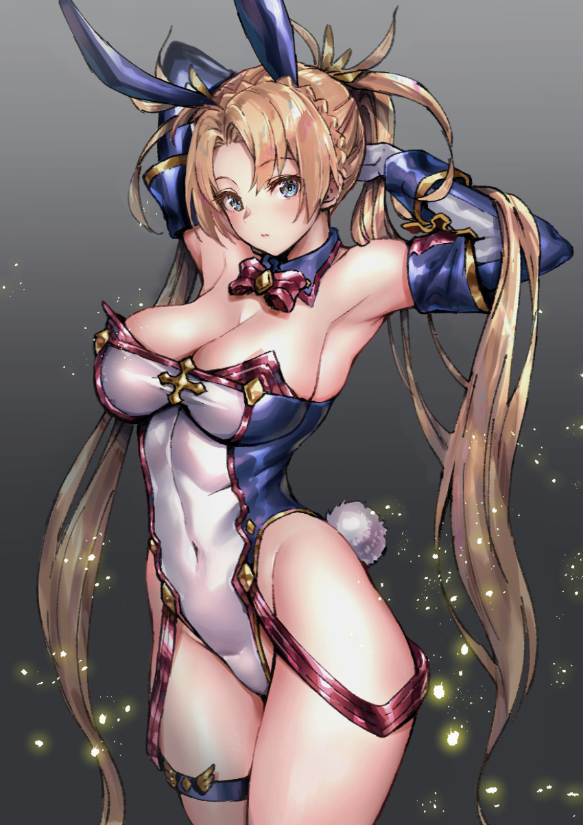 1girl adapted_costume animal_ears armpits arms_behind_head arms_up blonde_hair blue_eyes bow bowtie bradamante_(fate) breasts closed_mouth covered_navel detached_collar detached_sleeves fate/grand_order fate_(series) gloves gold_trim gradient gradient_background grey_background highres large_breasts leotard long_hair playboy_bunny rabbit_ears rabbit_tail red_bow red_bowtie solo strapless strapless_leotard suishougensou suspenders tail thigh_strap thighs twintails very_long_hair white_gloves