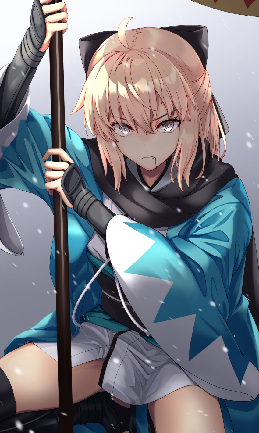 1girl absurdres ahoge arm_guards black_bow black_scarf blonde_hair blood blood_from_mouth bow fate/grand_order fate_(series) grey_eyes hair_bow half_updo haori highres japanese_clothes kimono okita_souji_(fate) okita_souji_(koha-ace) scarf shinsengumi short_kimono solo white_kimono yu_sa1126