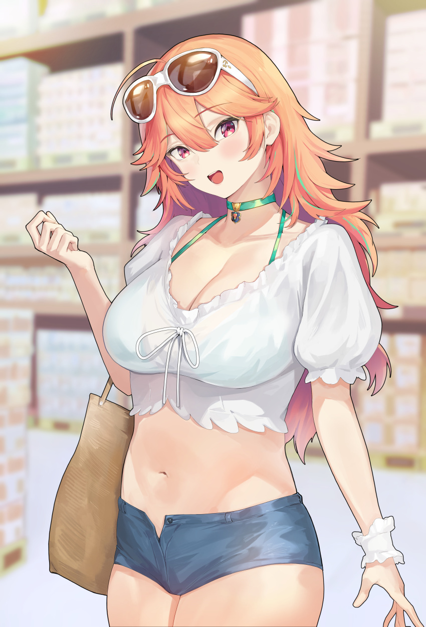 1girl :d absurdres bag blue_shorts breasts choker crop_top curvy eyewear_on_head green_choker hair_between_eyes highres holding holding_bag hololive hololive_english large_breasts midriff navel official_alternate_costume open_fly open_mouth orange_hair puffy_short_sleeves puffy_sleeves red_eyes shio05_(05_sio) shirt shopping short_shorts short_sleeves shorts smile solo stomach sunglasses takanashi_kiara virtual_youtuber white-framed_eyewear white_shirt