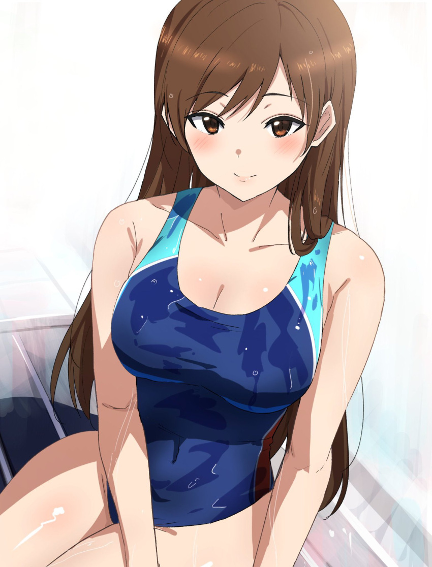 1girl blush breasts brown_eyes brown_hair cleavage collarbone competition_swimsuit covered_navel highres idolmaster idolmaster_cinderella_girls looking_at_viewer medium_breasts misaki_nonaka nitta_minami one-piece_swimsuit simple_background sitting smile solo straight_hair swimsuit wet wet_clothes wet_hair wet_swimsuit white_background