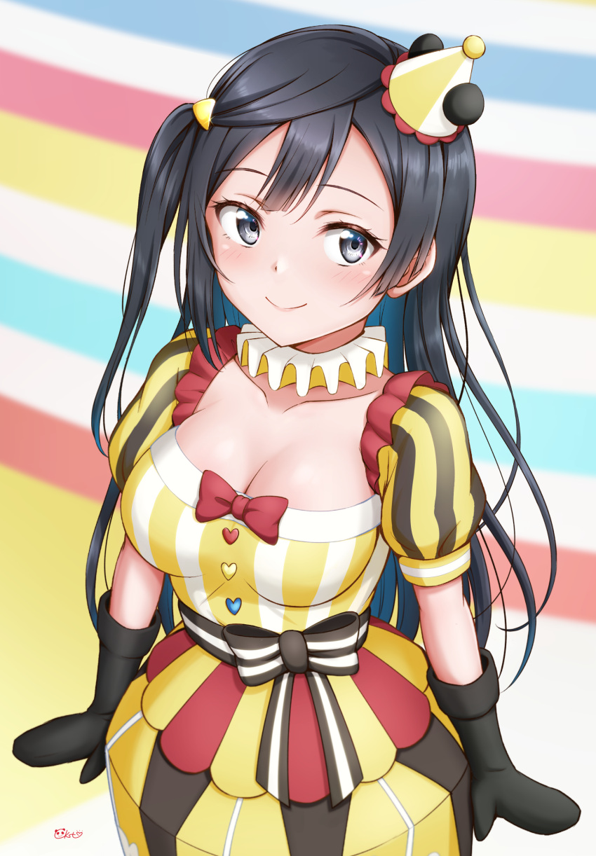 1girl bangs black_hair black_mittens blush breasts ckst cleavage collarbone commentary grey_eyes hat highres infinity!_our_wings!! large_breasts long_hair looking_at_viewer love_live! love_live!_nijigasaki_high_school_idol_club mittens one_side_up sidelocks signature smile solo upper_body yuuki_setsuna_(love_live!)