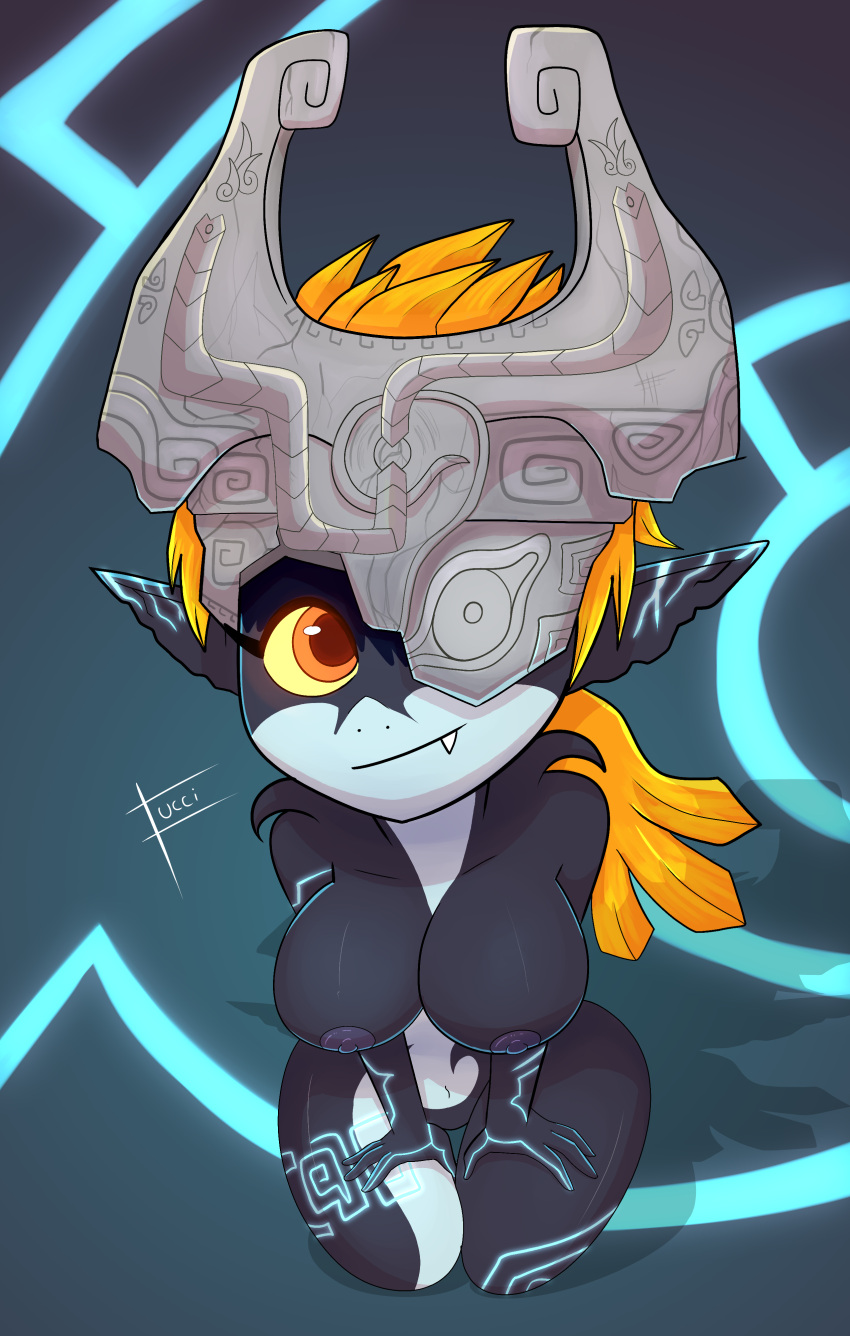 absurd_res armor black_body breasts fangs female fucci_(artist) headgear helmet hi_res high-angle_view humanoid imp midna nintendo nipples simple_background solo the_legend_of_zelda twili twilight_princess video_games wide_hips