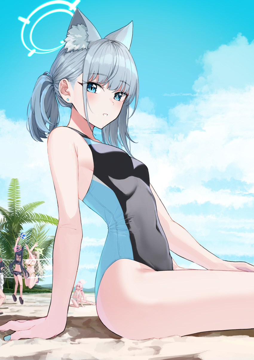 1girl absurdres animal_ear_fluff animal_ears arm_support bangs bare_arms beach blue_archive blue_eyes blue_sky blush breasts cloud cloudy_sky covered_navel earrings from_side grey_hair halo highres jewelry looking_at_viewer medium_hair nail_polish nonbire one-piece_swimsuit parted_lips plant ponytail sand shiroko_(blue_archive) sidelocks sitting sky small_breasts solo_focus swimsuit thighs two-tone_swimsuit volleyball volleyball_net wolf_ears