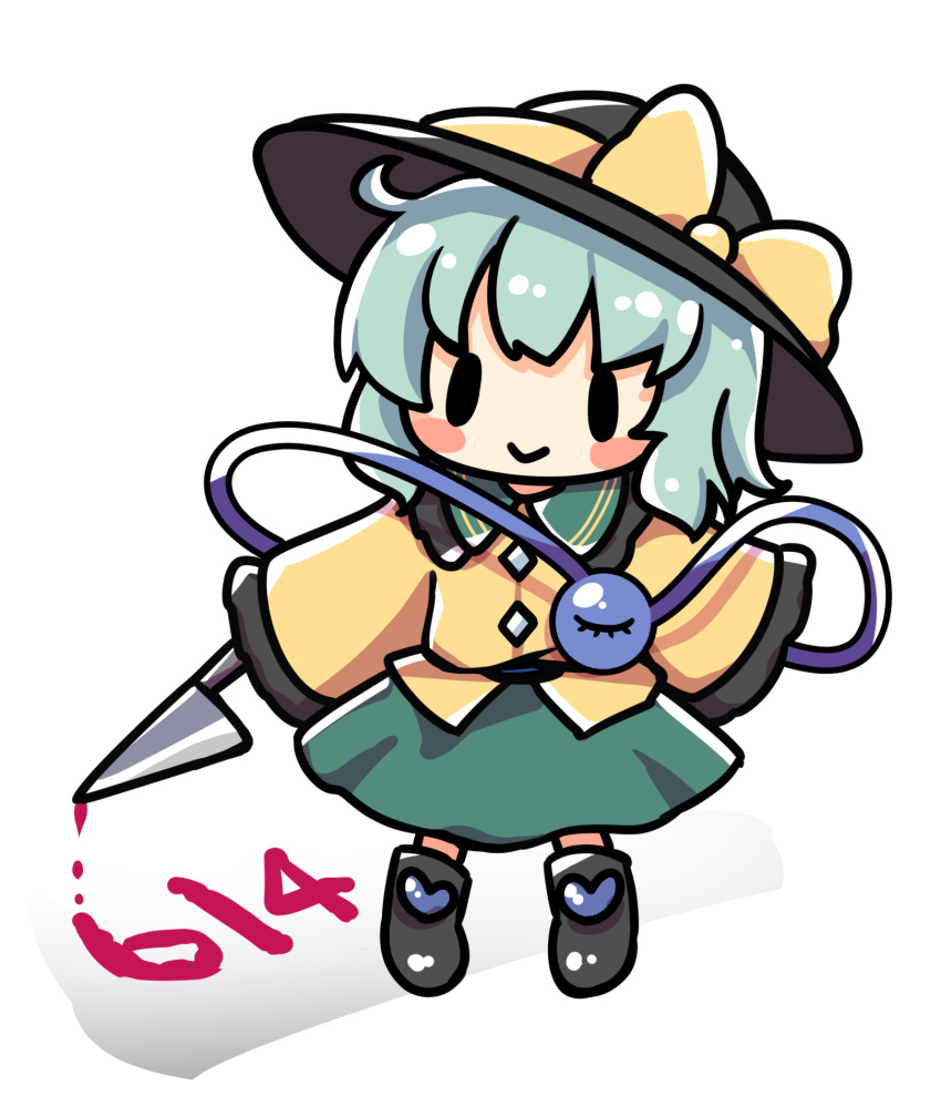 1girl :&gt; bangs black_footwear black_headwear blouse blush_stickers boots bow buttons chibi commentary_request diamond_button eyeball frilled_shirt_collar frilled_sleeves frills full_body green_skirt hat hat_bow hat_ribbon highres holding holding_knife knife komeiji_koishi light_green_hair long_sleeves medium_hair ribbon rpameri shirt simple_background skirt sleeves_past_fingers sleeves_past_wrists smile solid_oval_eyes solo standing third_eye touhou wavy_hair white_background wide_sleeves yellow_bow yellow_ribbon yellow_shirt