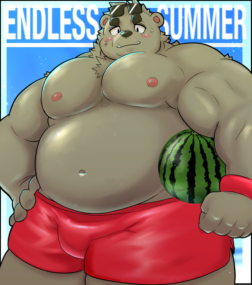 2022 absurd_res anthro belly big_belly black_nose blush bottomwear clothing english_text eyewear eyewear_on_head food fruit hi_res humanoid_hands kemono male mammal melon moobs navel nipples overweight overweight_male plant sakisukem shorts solo sunglasses sunglasses_on_head swimwear text ursid watermelon