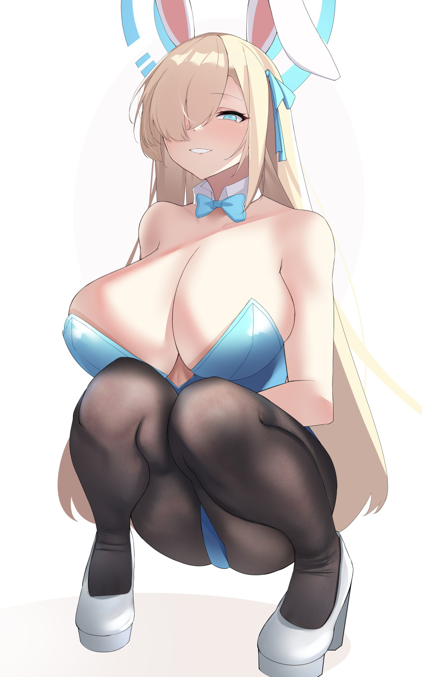 1girl absurdres animal_ears asuna_(blue_archive) asuna_(bunny)_(blue_archive) bangs bare_shoulders blue_archive blue_eyes blue_leotard blush breasts brown_legwear cleavage detached_collar elbow_gloves fake_animal_ears gloves grin hair_over_one_eye halo highleg highleg_leotard highres large_breasts leotard light_brown_hair long_hair looking_at_viewer mole mole_on_breast musicatopos pantyhose playboy_bunny rabbit_ears smile solo squatting white_gloves