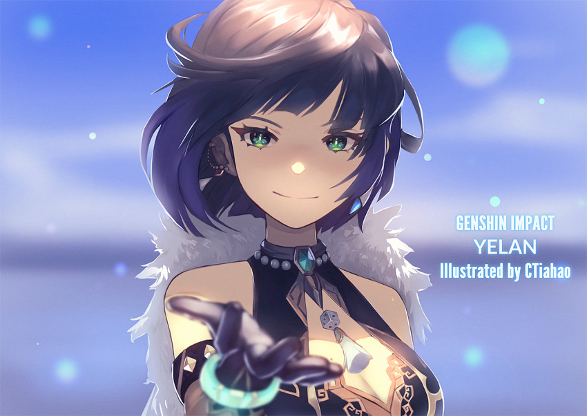 1girl artist_name black_gloves blue_hair blurry blurry_foreground breasts character_name cleavage copyright_name ctiahao dice ear_piercing elbow_gloves floating_hair genshin_impact gloves green_eyes lens_flare mole mole_on_breast piercing portrait short_hair solo tassel yelan_(genshin_impact)