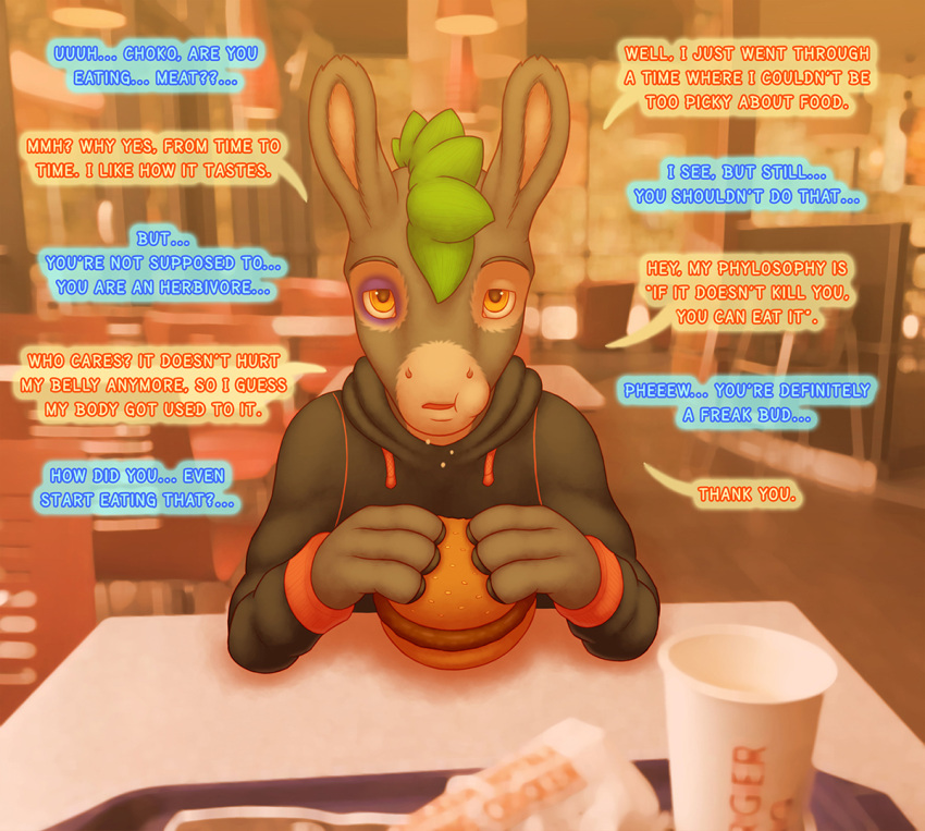 anthro asinus black_eye_(injury) bruised burger choko_(chokodonkey) chokodonkey clothing dialogue donkey eating eating_food equid equine fast_food_restaurant fingers food hoodie hooved_fingers hooves male mammal punk_hair solo speech_bubble topwear