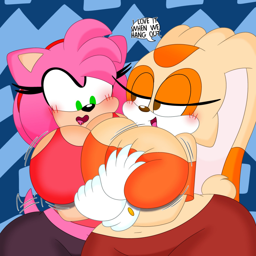 2022 3barts 4k abstract_background absurd_res accessory amy_rose anthro arm_grab bedroom_eyes big_breasts big_ears blush breast_grab breast_squish breasts brown_eyes cleavage clothed clothing cream_the_rabbit crop_top curvaceous curvy_figure dialogue digital_drawing_(artwork) digital_media_(artwork) duo english_text eulipotyphlan eyelashes female female/female fingers floppy_ears fluffy fluffy_tail fur gloves green_eyes hair hand_on_breast handwear headband hedgehog hi_res hourglass_figure huge_breasts lagomorph leggings legwear leporid long_ears mammal midriff multicolored_body multicolored_fur narrowed_eyes navel orange_body orange_fur pink_body pink_fur pink_hair rabbit seductive sega shirt short_hair short_tail simple_background smile sonic_the_hedgehog_(series) squish tail_motion tailwag tan_body tan_fur tank_top text thick_thighs topwear two_tone_body two_tone_fur voluptuous wide_hips