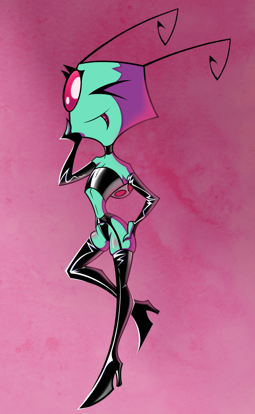 absurd_res alien alien_humanoid ambiguous_gender antennae_(anatomy) boots choker clothed clothing female footwear hi_res high_heeled_boots high_heels humanoid invader_tenn invader_zim irken jewelry latex latex_armwear latex_choker latex_clothing latex_legwear latex_stockings necklace nickelodeon one_eye_closed outtabellets panties tongue tongue_out underwear wink