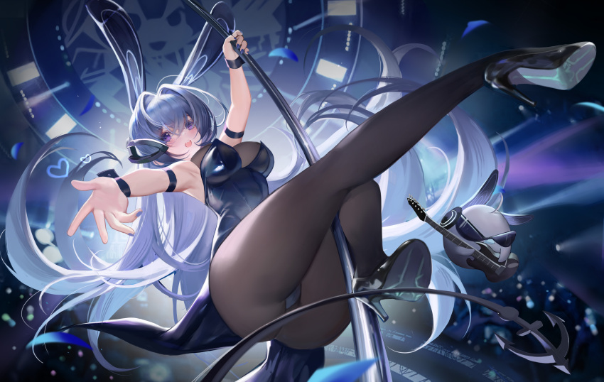 1girl a_shui absurdres anchor_ornament animal_ears arm_strap armpits azur_lane bodystocking fake_animal_ears hair_intakes heart high_heels highres holding holding_instrument instrument leotard manjuu_(azur_lane) new_jersey_(azur_lane) new_jersey_(exhilarating_steps!)_(azur_lane) nightclub official_alternate_costume outstretched_arms oversized_breast_cup playboy_bunny pole pole_dancing rabbit_ears stage_lights strapless strapless_leotard stripper_pole sunglasses wrist_cuffs