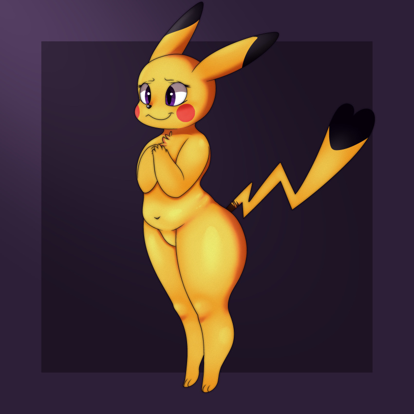 2022 absurd_res anthro chest_tuft female fur hi_res mammal mouse murid murine nintendo nude pikachu pok&eacute;mon pok&eacute;mon_(species) rodent shy simple_background slightly_chubby smile solo thick_thighs tuft video_games wisty yellow_body yellow_fur