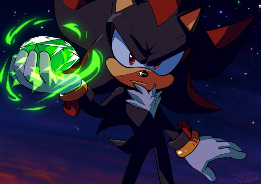 2022 anthro catragemiau chaos_emerald clothing eulipotyphlan gem gloves handwear hedgehog hi_res holding_object looking_at_viewer male mammal night red_eyes sega shadow_the_hedgehog signature solo sonic_the_hedgehog_(series) tuft