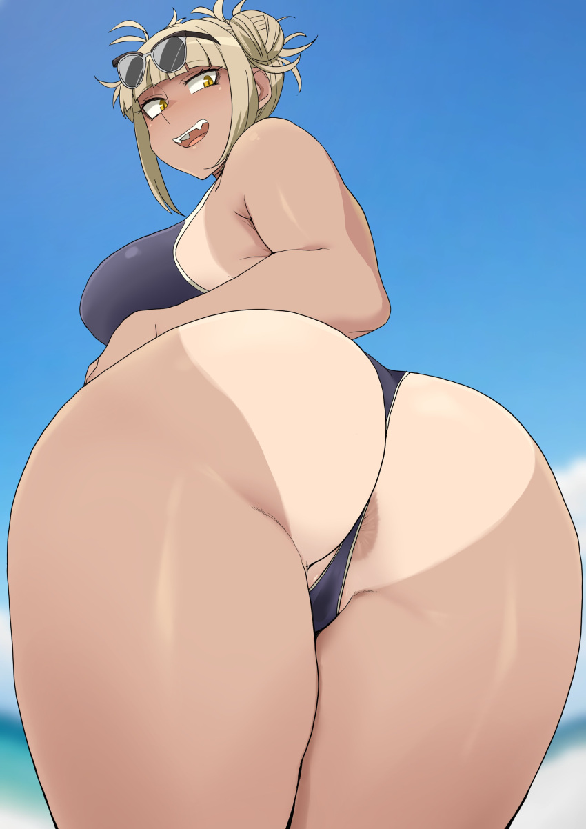 1girl absurdres ass ass_focus bangs black_swimsuit blonde_hair blue_sky blunt_bangs boku_no_hero_academia breasts cowboy_shot double_bun eyewear_on_head fangs from_behind hair_bun highres large_breasts looking_at_viewer messy_hair minakami_(flyingman555) one-piece_swimsuit outdoors short_hair sidelocks sky slit_pupils smile solo standing sunglasses swimsuit tan tanlines toga_himiko yellow_eyes