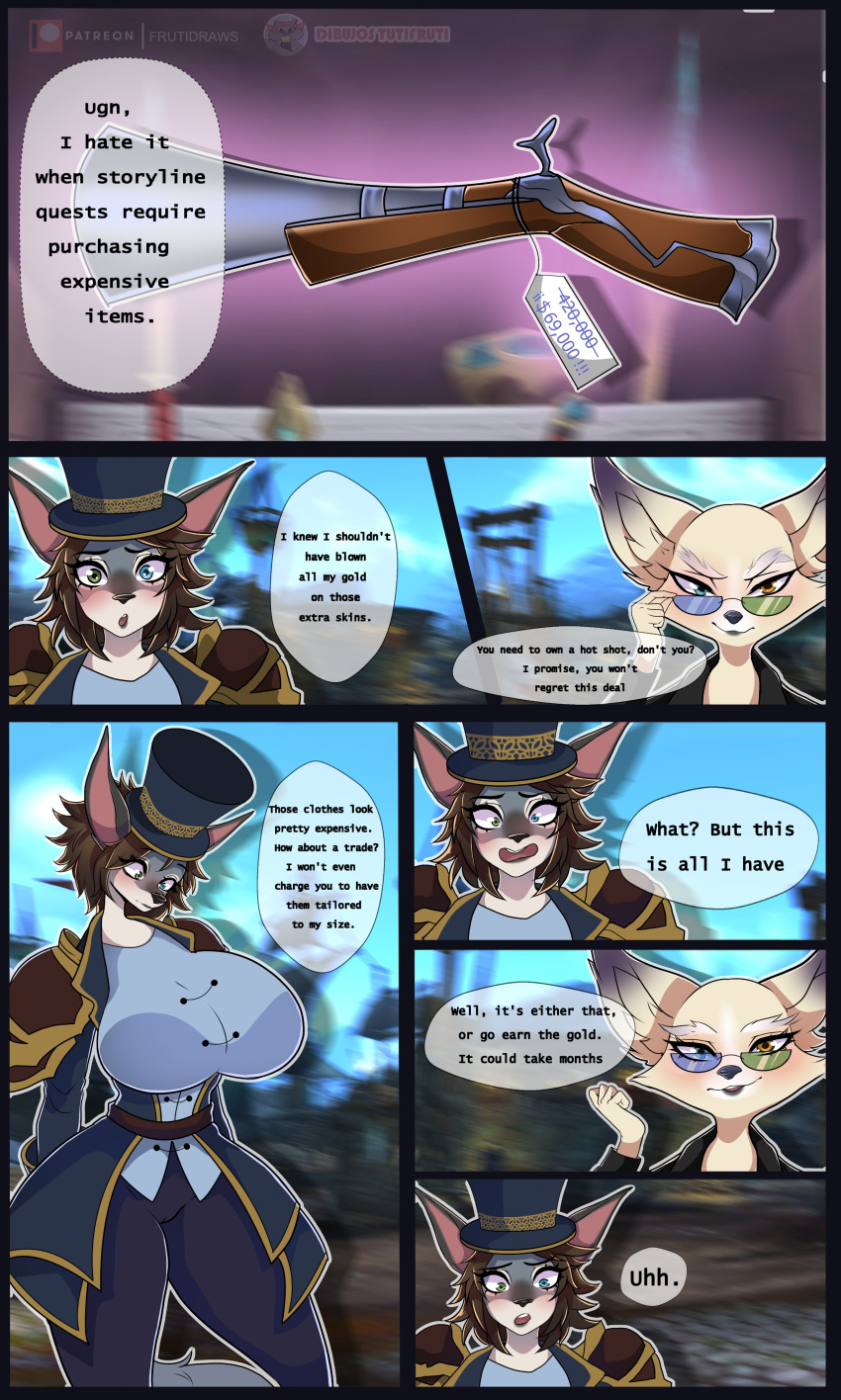 absurd_res anthro big_breasts blizzard_entertainment breasts canid canine canis clothing comic dialogue duo eyewear female fox gun hat headgear headwear hi_res mammal ranged_weapon sunglasses top_hat tutifruti_(artist) video_games vulpera warcraft weapon were werecanid wolf worgen