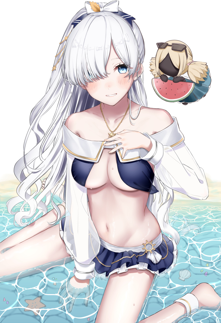 1girl absurdres anastasia_(fate) anastasia_(swimsuit_archer)_(fate) anastasia_(swimsuit_archer)_(third_ascension)_(fate) beach bikini bikini_skirt blue_eyes breasts fate/grand_order fate_(series) hair_over_one_eye highres jewelry long_hair medium_breasts navel pendant petaru ponytail seashell shell sitting smile starfish swimsuit viy_(fate) wariza watermelon_slice white_hair