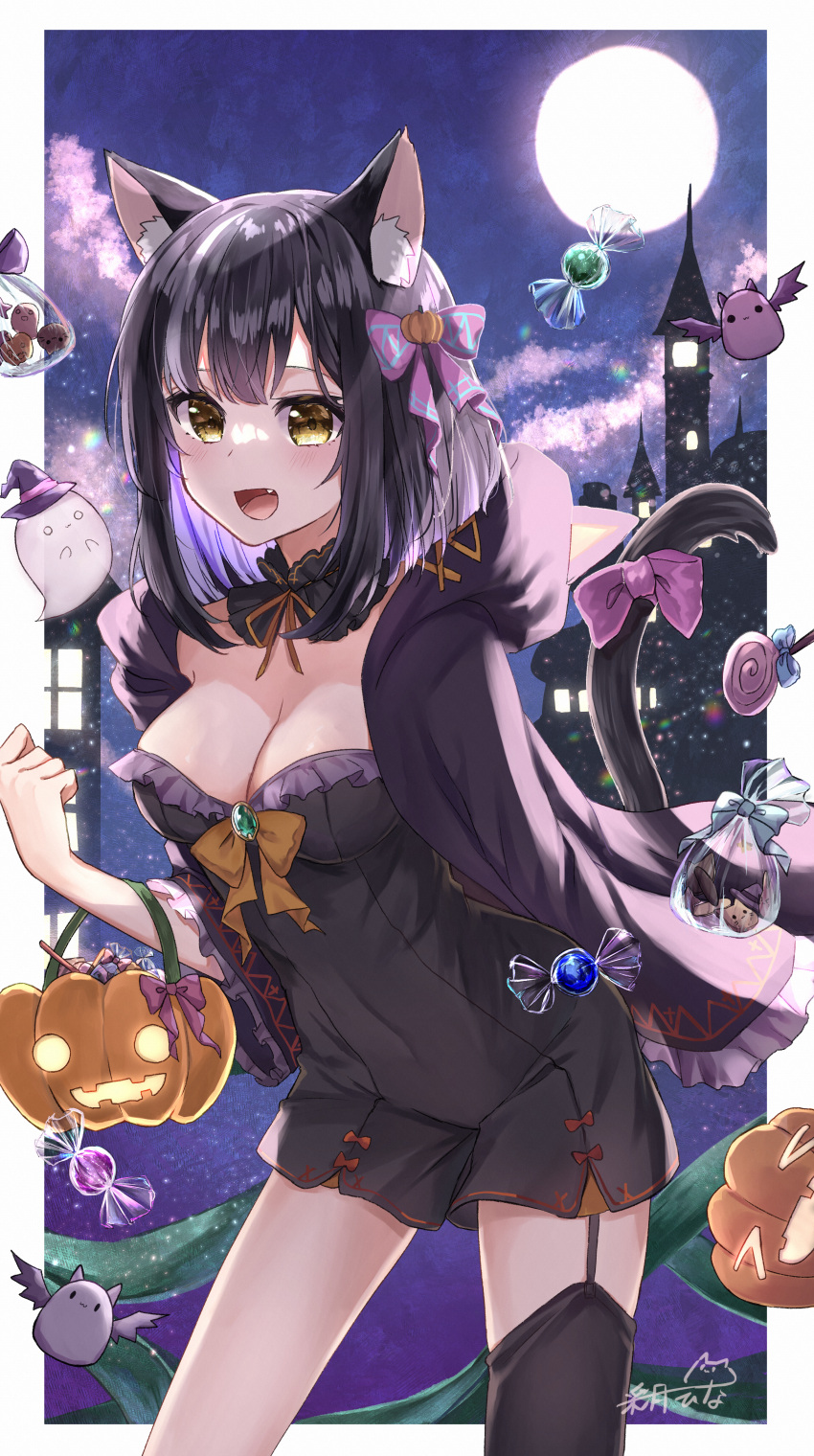 1girl :d absurdres animal_ear_fluff animal_ears ayatsuki_hina bangs black_dress black_hair bow breasts cat_ears cat_girl cat_tail cleavage coat colored_inner_hair dress food-themed_hair_ornament full_moon garter_straps hair_bow hair_ornament halloween halloween_bucket halloween_costume highres hood hood_down hooded_coat long_hair medium_breasts moon multicolored_hair open_clothes open_coat open_mouth original pink_bow pumpkin_hair_ornament purple_bow purple_coat purple_hair shiny shiny_hair short_dress single_thighhigh smile solo standing tail tail_bow tail_ornament thighhighs two-tone_hair yellow_eyes