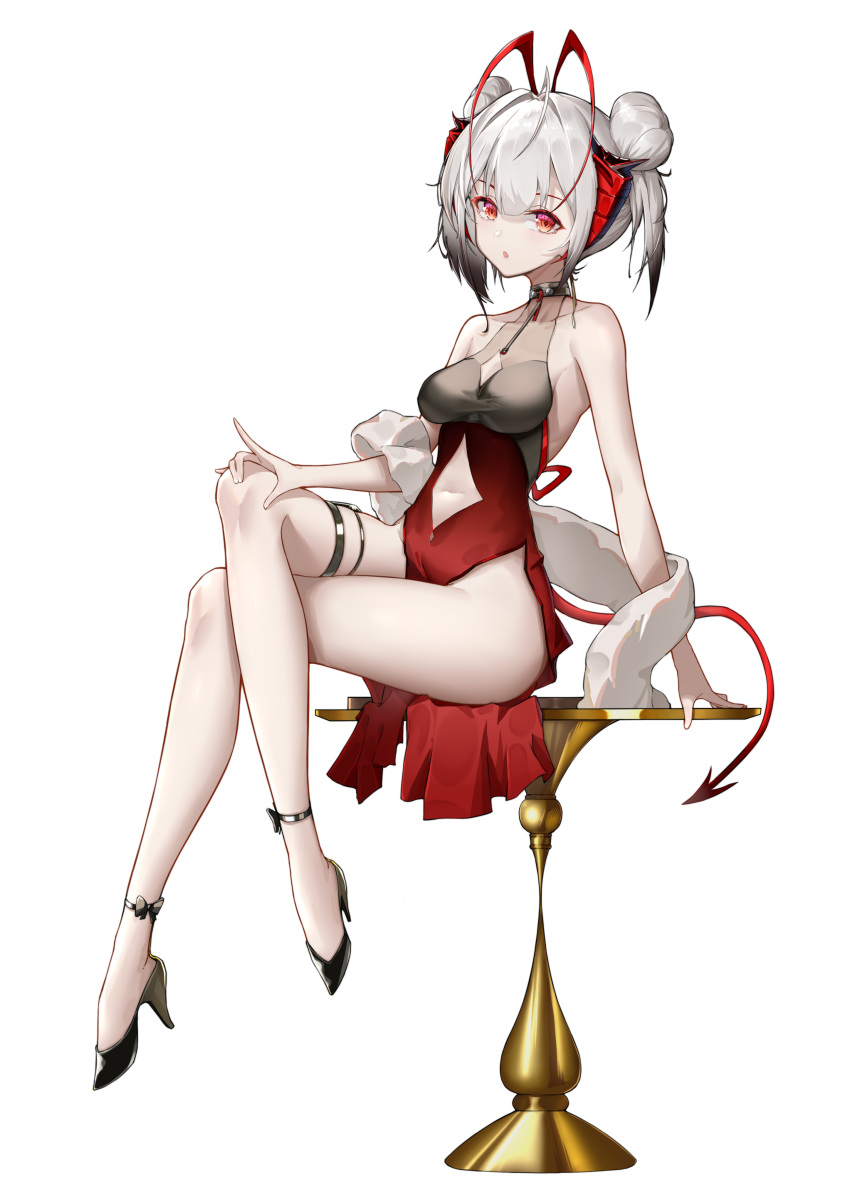 1girl absurdres alternate_costume antenna_hair arknights bangs bare_arms bare_legs bare_shoulders black_footwear breasts double_bun hair_bun high_heels highres horns laomotou looking_at_viewer medium_breasts parted_lips red_eyes short_hair simple_background sitting sleeveless solo tail thighs w_(arknights) white_background white_hair
