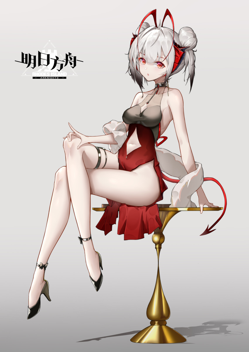 1girl absurdres alternate_costume antenna_hair arknights bangs bare_arms bare_legs bare_shoulders black_footwear breasts copyright_name double_bun grey_background hair_bun high_heels highres horns laomotou looking_at_viewer medium_breasts parted_lips red_eyes shadow short_hair simple_background sitting sleeveless solo tail thighs w_(arknights) white_hair