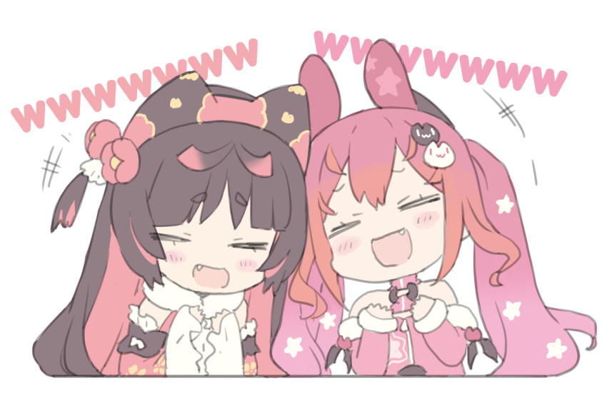 +++ 2girls :d bangs bare_shoulders black_hair blade_(galaxist) blush_stickers cat_hair_ornament chibi closed_eyes cropped_torso crossover fang flower hair_flower hair_ornament indie_virtual_youtuber laughing long_hair long_sleeves mel_mellow multicolored_hair multiple_girls nekoyama_nae pink_hair red_flower red_hair short_eyebrows simple_background sleeves_past_wrists smile star_(symbol) thick_eyebrows toranoana twintails two-tone_hair upper_body very_long_hair virtual_youtuber white_background wide_sleeves